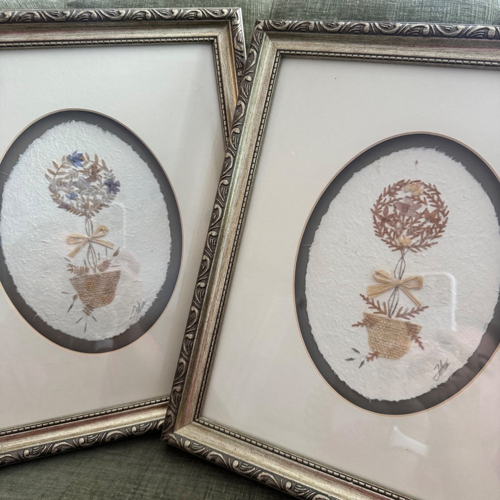 Framed Pressed Flower Topiary Art‎ Set of 2 Handmade Paper Signed Gold 13x11